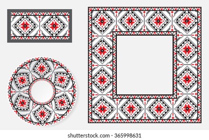 Set of Ethnic ornament pattern brushes and examples of use . Vector illustration. From collection of Balto-Slavic ornaments