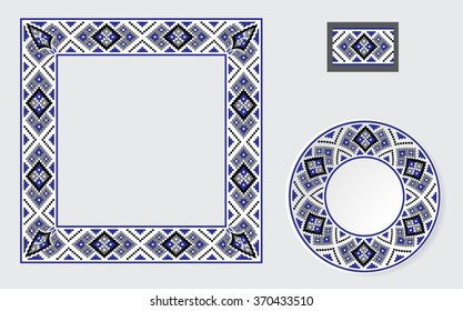 Set of Ethnic ornament pattern brushes and examples of use . Vector illustration. From collection of Balto-Slavic ornaments