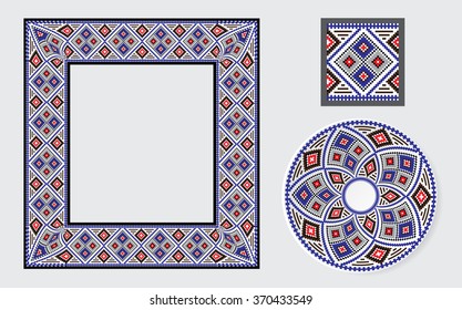 Set of Ethnic ornament pattern brushes and examples of use . Vector illustration. From collection of Balto-Slavic ornaments