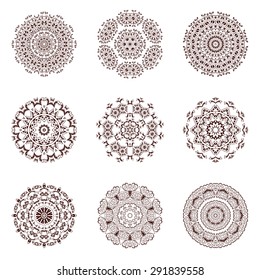 Set of ethnic ornamental floral pattern. Hand drawn mandalas. Orient traditional background. Lace circular ornaments.  Ethnic, Indian, Islamic, Asian, ottoman, Arabic  motifs. Vector illustration.