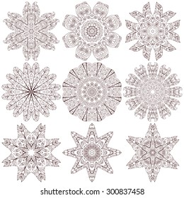 Set of ethnic ornamental floral pattern. Henna mehndi design elements. Hand drawn mandalas. Orient traditional background. Lace circular ornaments. Indian, Islamic, Asian, ottoman, Arabic  motifs.