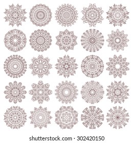 Set of ethnic ornamental floral pattern. Henna mehndi design elements. Hand drawn mandalas. Orient traditional background. Lace circular ornaments. Indian, Islamic, Asian, ottoman, Arabic  motifs.