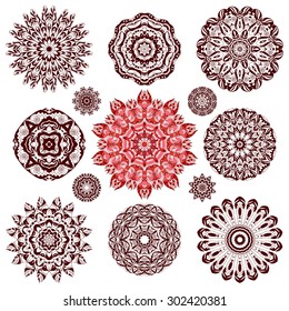Set of ethnic ornamental floral pattern. Henna mehndi design elements. Hand drawn mandalas. Orient traditional background. Lace circular ornaments. Indian, Islamic, Asian, ottoman, Arabic  motifs.