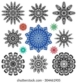 Set of ethnic ornamental floral pattern. Henna mehndi design elements. Hand drawn mandalas. Orient traditional background. Lace circular ornaments. Indian, Islamic, Asian, ottoman, Arabic  motifs.