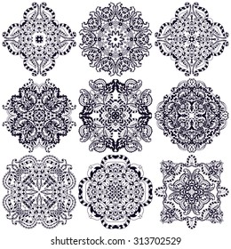 Set of ethnic ornamental floral pattern. Henna mehndi design elements. Hand drawn mandalas. Orient traditional background. Lace circular ornaments. Indian, Islamic, Asian, ottoman, Arabic  motifs.