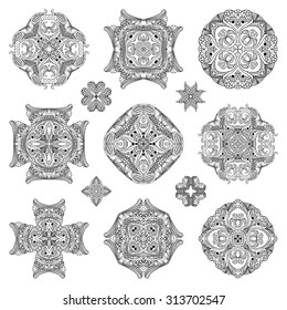 Set of ethnic ornamental floral pattern. Henna mehndi design elements. Hand drawn mandalas. Orient traditional background. Lace circular ornaments.  Indian, Islamic, Asian, ottoman, Arabic  motifs.