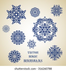 Set of ethnic ornamental floral pattern. Henna mehndi design elements. Vector magic mandalas. Orient traditional background. Lace circular ornaments.  Indian, Islamic, Asian, ottoman, Arabic  motifs.