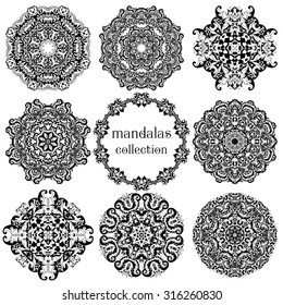 Set of ethnic ornamental floral pattern. Henna mehndi design elements. Hand drawn mandalas. Orient traditional background. Lace circular ornaments.  Indian, Islamic, Asian, ottoman, Arabic  motifs.