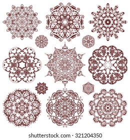 Set of ethnic ornamental floral pattern. Henna mehndi design elements. Hand drawn mandalas. Orient traditional background. Lace circular ornaments. Indian, Islamic, Asian, ottoman, Arabic  motifs.