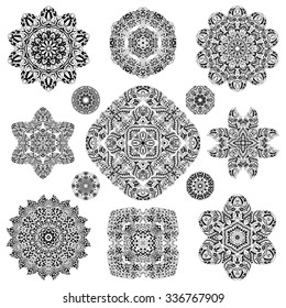 Set of ethnic ornamental floral pattern. Henna mehndi design elements. Hand drawn mandalas. Orient traditional background. Lace circular ornaments. Indian, Islamic, Asian, ottoman, Arabic  motifs.