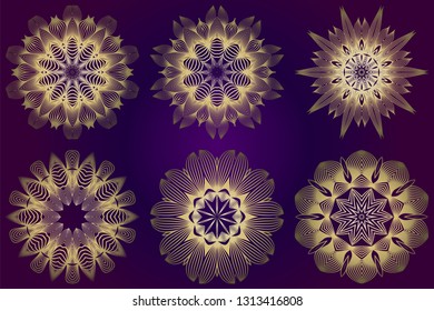 Set of Ethnic Ornamental Mandala. Decorative Design Element. Vector Illustration. Purple gold color.