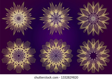 Set of Ethnic Ornamental Mandala. Decorative Design Element. Vector Illustration. Purple gold color.