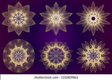 Set of Ethnic Ornamental Mandala. Decorative Design Element. Vector Illustration. Purple gold color.