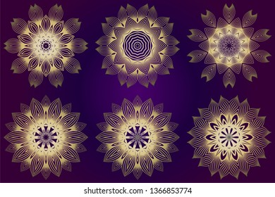 Set of Ethnic Ornamental Mandala. Decorative Design Element. Vector Illustration. Purple gold color.