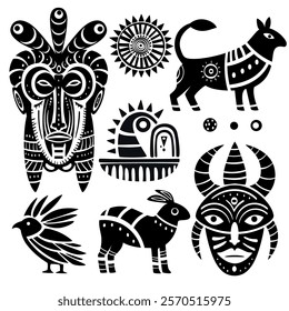 Set of ethnic ornaments. Collection of silhouettes of animal, bird, mask, abstract decor. African tribal motifs. Vector illustration EPS8