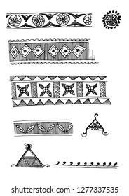 Set of ethnic ornaments and elements. Vector ethnic ornaments and borders. Ethnic characters. Set of vector ink pen elements. Sketches of handmade ornaments.