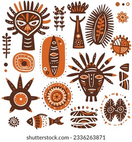 Set of ethnic ornaments. Geometric patterns and silhouettes of fish, mask, flower. African tribal motifs. Vector illustration EPS8