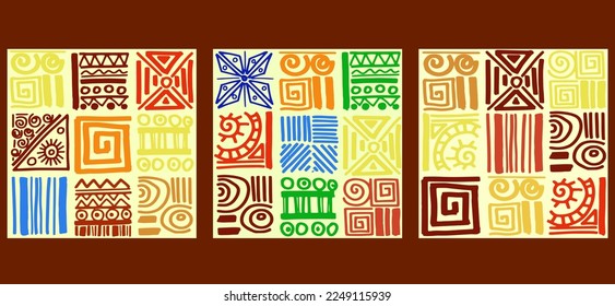 Conjunto de patrones étnicos. Plaza artística. Patrón vectorial cuadrado sin fisuras. África. Cultura. Marruecos. Egipto. Boho. Patrón africano. Aztecas. Sudamérica.
