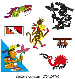 Set of ethnic patterns of Native Americans art: the Aztec, Inca, Maya, (Mexico, Ecuador, Peru), Alaska Indians. Vector flat illustration. 