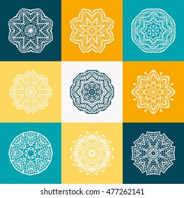 Set of ethnic patterns, ornate. Kaleidoscope bud. Abstract blossom. Simple geometric mandala circular background. Vintage decorative elements. Islam, Arabic, Indian, ottoman motifs. Stylized flowers.