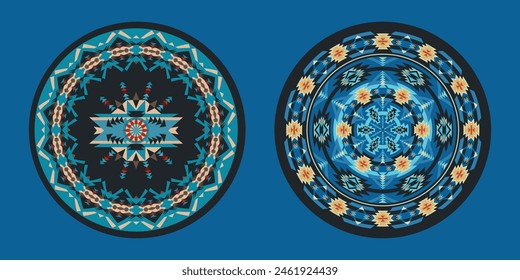 Set of Ethnic round ornament pattern. American Southwest, Aztec, Indian rug.