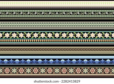 Set Ethnic Seamless borders and flower ornament, motif draws working illustration flowers and  ornament motif India design elements Neckline pattern or, repeat the floral texture