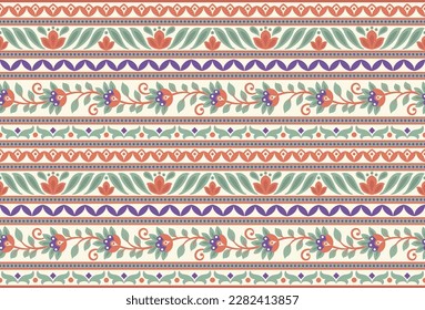 Set Ethnic Seamless borders and flower ornament, motif draws working illustration flowers and  ornament motif India design elements Neckline pattern or, repeat the floral texture