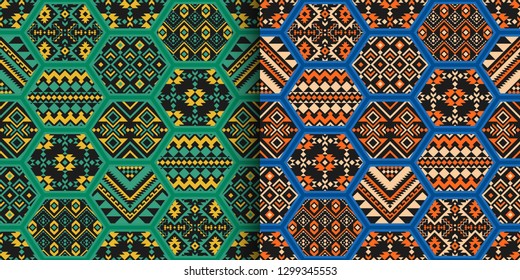 Set of ethnic seamless patterns. Aztec, Navajo, Boho print. Geometric design. Patchwork tile.