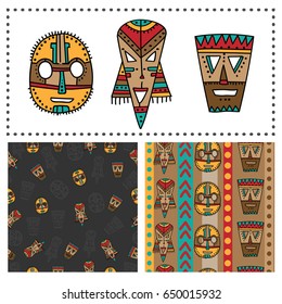 Set of ethnic seamless patterns with tribal african masks. Colorful elements and backgrounds for your design. Hand drawn style