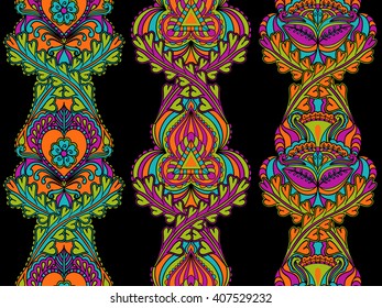 Set ethnic seamless vertical patterns of colored ribbons. Vector illustration.