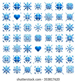 Set ethnic Slavic snowflakes. Red isolated on white background. Norwegian design. Cross stitch scheme.