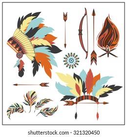 Set of ethnic style.  Indian colored decorative components. Isolated arrows, feathers, beads, bow,war bonnet. Isolated vector illustration