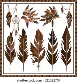 Set of ethnic style on a white background. Dreamcatcher. Isolated feathers, beads, war bonnet. Isolated vector illustration