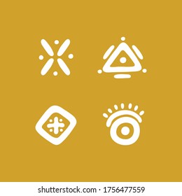 Set von ethnischen Symbolen. Doodle Vektorgrafik von stilisierten flachen Symbolen. Abstrakte geometrische Elemente auf Senfhintergrund. Flache Zeichen für Logo und flaches Design.	
