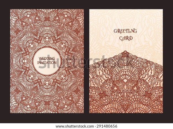 Set of ethnic template for design wedding\
invitations and greeting cards. Traditional henna flowers mehndi\
elements of vintage patterns. Indian or Asian motif painting.\
Vector illustration.