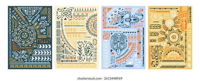 Set of ethnic tribal posters with different Aztec wall arts. Backgrounds with ancient elements, symbols of Mexican or Navajo culture. Maya ornament, peruvian pattern. Flat vector illustrations