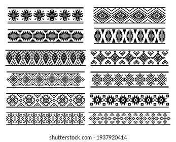 Set of ethnic tribal sign. Collection of geometric ethnic motif. Ethnic ornaments. Aztec signs. Vector illustration in boho style on a white background.