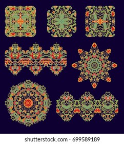 Set of  ethnic vector decorative elements - rosettes, ornamental border on dark background