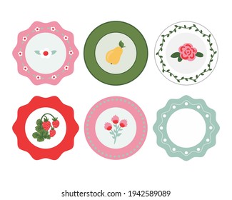Set of ethnic vintage decorative dishes, walls with antique plates, interior decoration, table setting. Isolated on white background menu design. Vector illustration