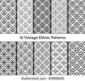 Set of ethnic vintage patterns. Collection of old fashioned asian wallpapers with floral and scroll elements in black and white colors. Background textures. All patterns added as swatches.