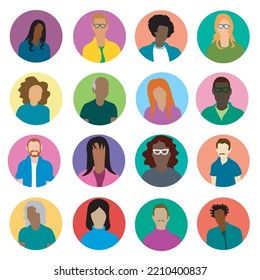 Set of ethnically diverse and mixed age avatars in colored circles. Flat vector illustration isolated on white background.