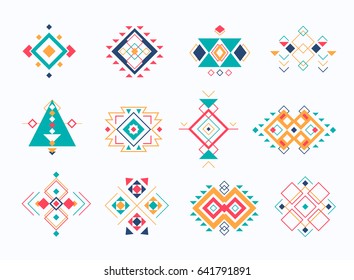 Set Of Ethno Tribal Aztec Symbols. Colorful Geometric Ethnic Decor Elements Collection.