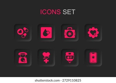 Conjunto Etnociencia, prueba de sangre, píldora o tableta de medicina, bolsa intravenosa, corazón con cruz, llamada de emergencia 911, kit de primeros auxilios e icono. Vector