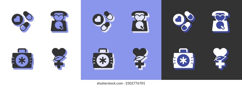 Set Ethnoscience, Medicine pill or tablet, First aid kit and Emergency call 911 icon. Vector