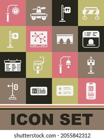 Set E-ticket train, Train traffic light, Ticket office to buy tickets, Cafe and restaurant location, Railway map, Road signpost, station clock and Bridge for icon. Vector