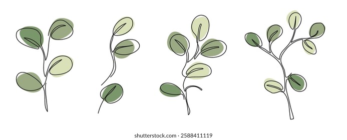 Set of Eucalyptus branches in modern single line art style. Continuous line drawing, aesthetic contour for home decor, posters, wall art, packaging. Floral logo or icon vector illustration