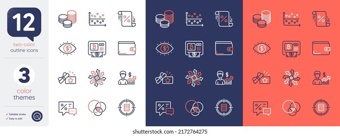 Set of Euler diagram, Loan percent and Versatile line icons. Include Bitcoin atm, Calculator target, Business growth icons. Loyalty gift, Tips, Discounts web elements. Business vision. Vector