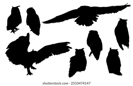 Set von Silhouetten von Eurasischer Adlereule. Wilde Nachtvögel der Greifvögel des Waldes. Realistisches Vektortier