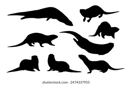 Set of Eurasian otter Lutra lutra silhouettes. The Eurasian river otter. Wild semiaquatic mammal of Eurasia. Realistic vector animal