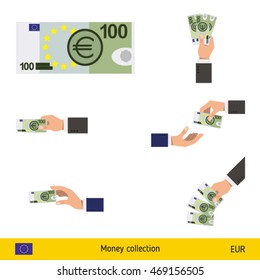 Set of euro banknote. Holding, throwing euro banknote.
